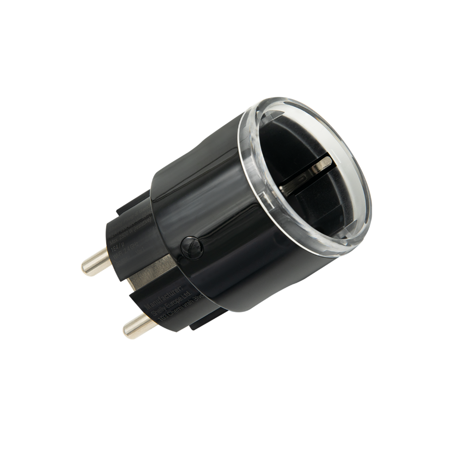 The Shelly Plug S Gen3 List is a black and transparent electrical plug adapter with two round metal prongs, displayed on a plain white background.