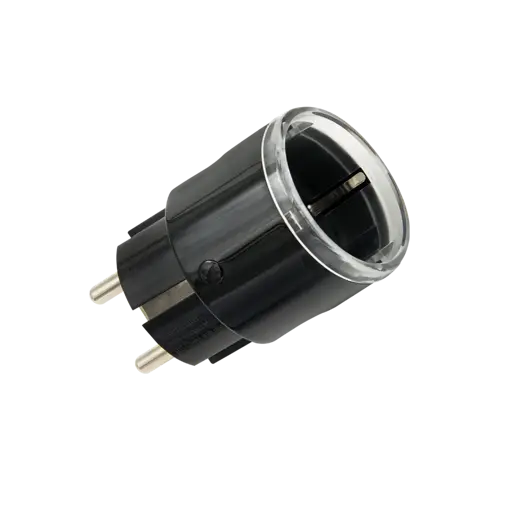 The Shelly Plug S Gen3 List is a black and transparent electrical plug adapter with two round metal prongs, displayed on a plain white background.