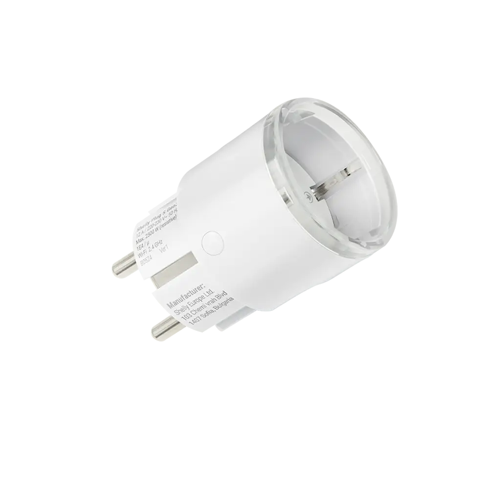 The Shelly Plug S MTR Gen3 White is a Matter-compatible smart plug with a sleek cylindrical design, two metal prongs, and a translucent rim—ideal for seamless integration into your smart home.