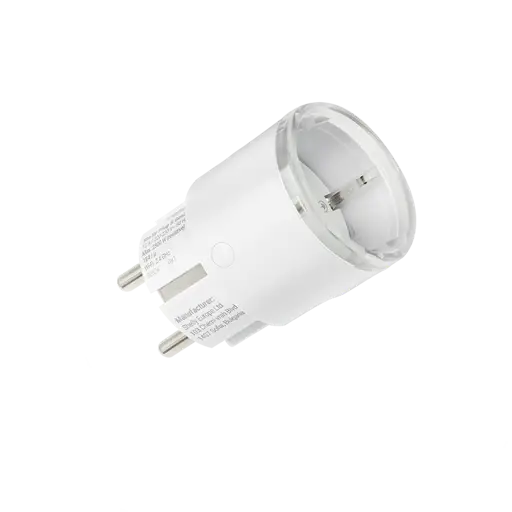 The Shelly Plug S MTR Gen3 White is a Matter-compatible smart plug with a sleek cylindrical design, two metal prongs, and a translucent rim—ideal for seamless integration into your smart home.