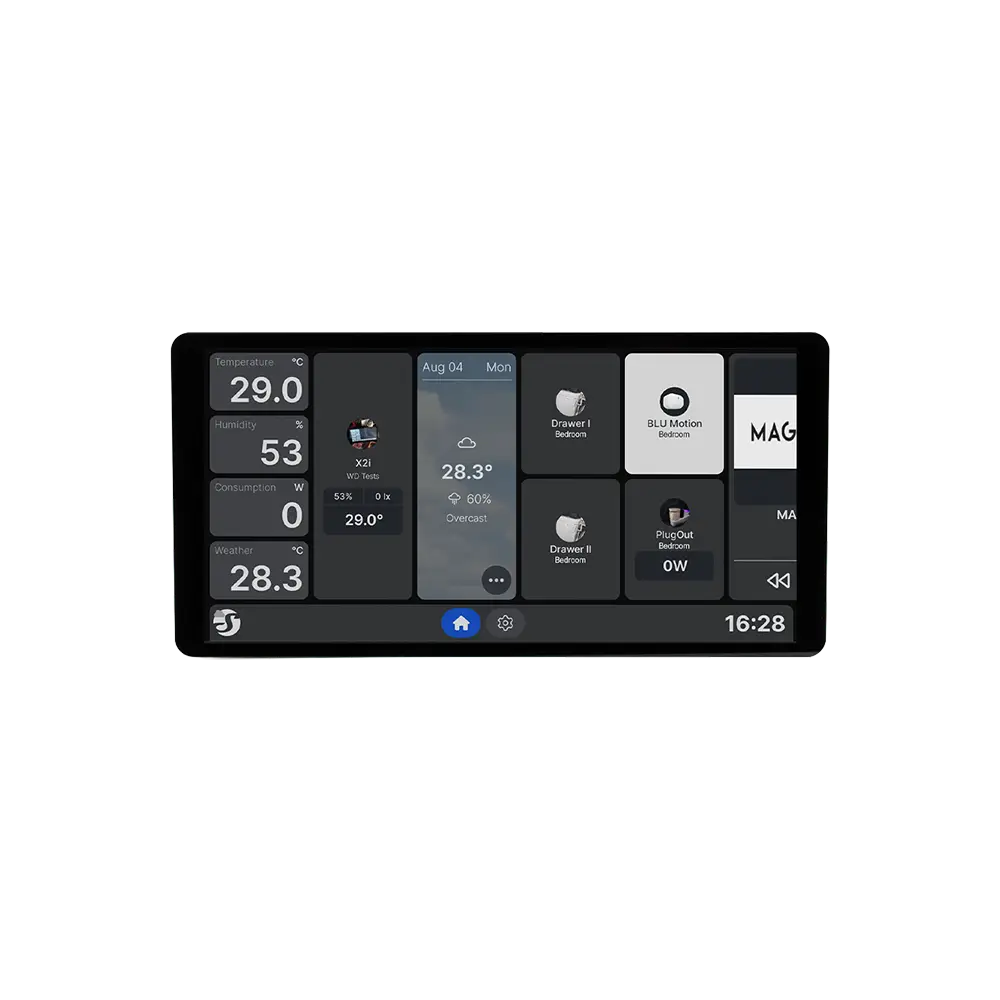 The Shelly Wall Display X2i Black shows temperature, humidity, energy use, weather, security alerts, and device statuses in separate panels on a sleek white-background screen.
