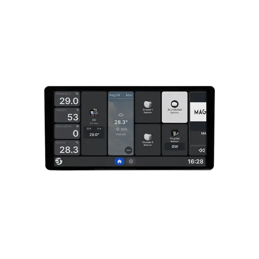 The Shelly Wall Display X2i Black shows temperature, humidity, energy use, weather, security alerts, and device statuses in separate panels on a sleek white-background screen.